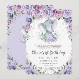 Sweet Lila Blommigt Adsible Elephant Birthday Inbjudningar