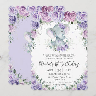 Sweet Lila Blommigt Adsible Elephant Birthday Inbjudningar