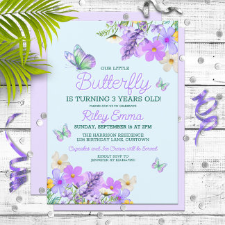 Sweet Lila Butterfly Theme Girl's Födelsedagsfest Inbjudningar