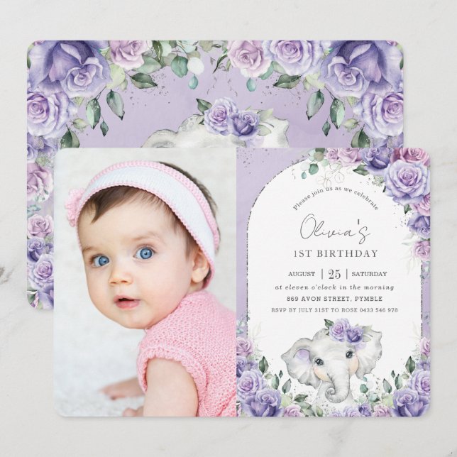 Sweet Lila Lilac Blommigt Elephant Birthday Photo Inbjudningar (Fram/baksida)