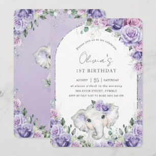 Sweet Lila Lilac Blommigt Elephant Födelsedagsfest Inbjudningar