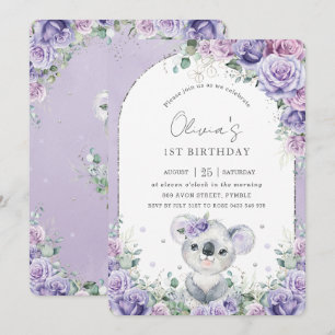 Sweet Lila Lilac Blommigt Koala Födelsedagsfest Inbjudningar