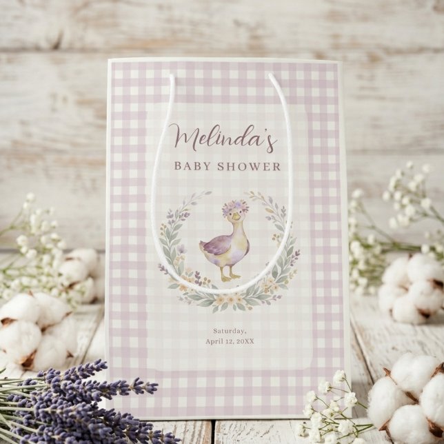 Sweet Lilac Gingham Baby Goose Baby Shower LPM26 (Sweet Lilac Gingham Baby Goose Baby Shower Small Favor Bag.)