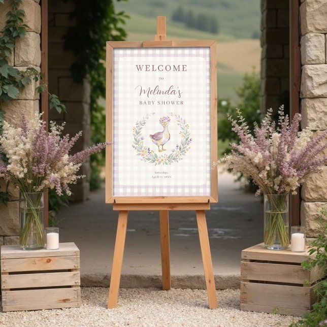 Sweet Lilac Gingham Baby Goose Welcome Sign LPM26 Poster (Sweet Lavender Gingham Baby Goose Baby Shower Welcome Sign with Shabby Chic Floral Wreath Design.)