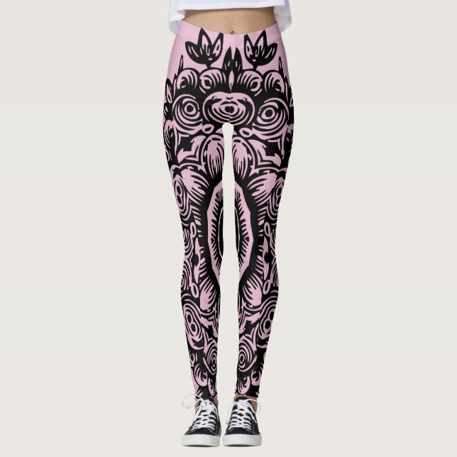 Sweet Lilac med Black Damask Pattern Athletic Leggings (Framsida)