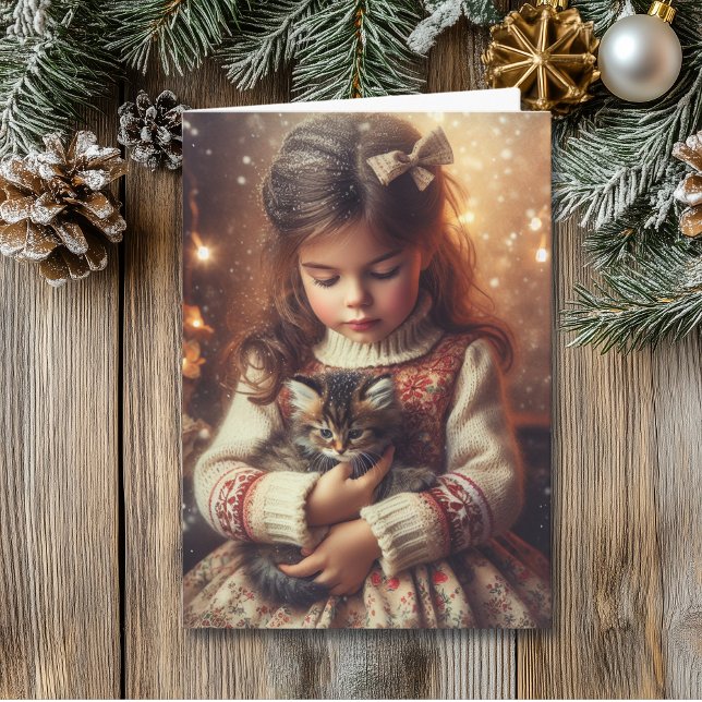Sweet Little Girl och Kitten Jul Kort (Skapare uppladdad)