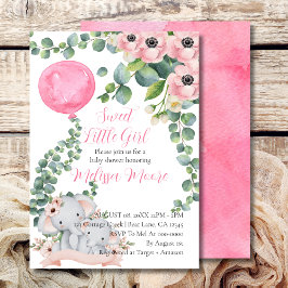 Sweet Little Girl Rosa Balloon Eucalyptus Elephant Inbjudningar