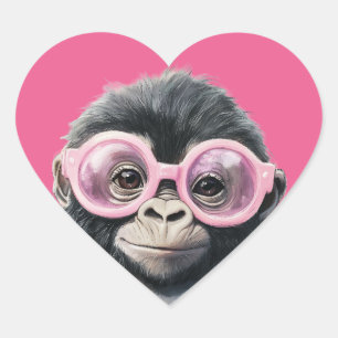 Sweet Little Gorilla Rosa Background Hjärtformat Klistermärke
