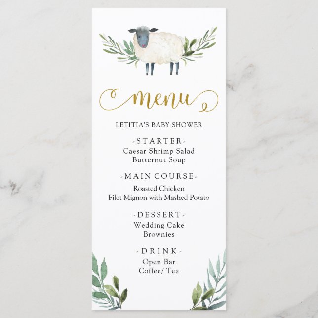 Sweet Little Lamb Greenery Baby Shower Menu Meny (Framsida)
