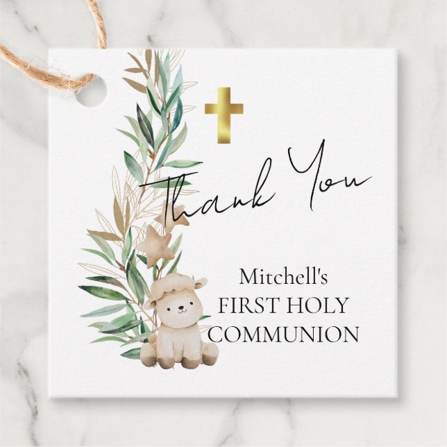 Sweet Little Lamb Greenery First Heliga Communion Gåvor Etiketter (Framsida)