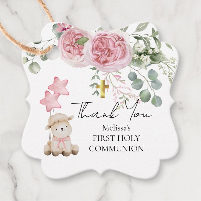 Sweet Little Lamb Greenery First Heliga Communion Gåvor Etiketter (Framsida)