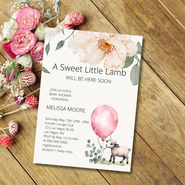 Sweet Little Lamb Rosa Balloon Greenery Inbjudningar (Skapare uppladdad)