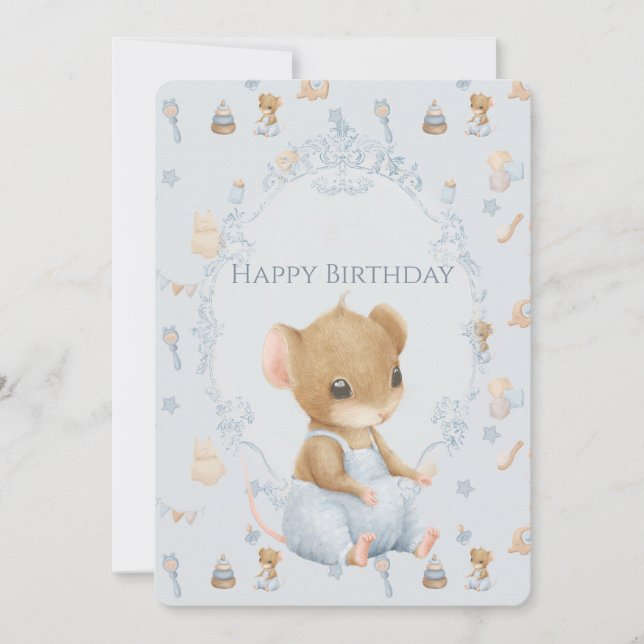 Sweet Little Mouse Birthday Flat Holiday Card Julkort (Framsida)