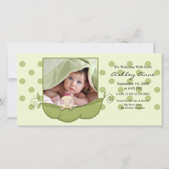 Sweet Little Pea Flicka Birth Annoucement Meddelande (Framsida)