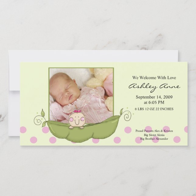 Sweet Little Pea Flicka Birth Annoucement Meddelande (Framsida)