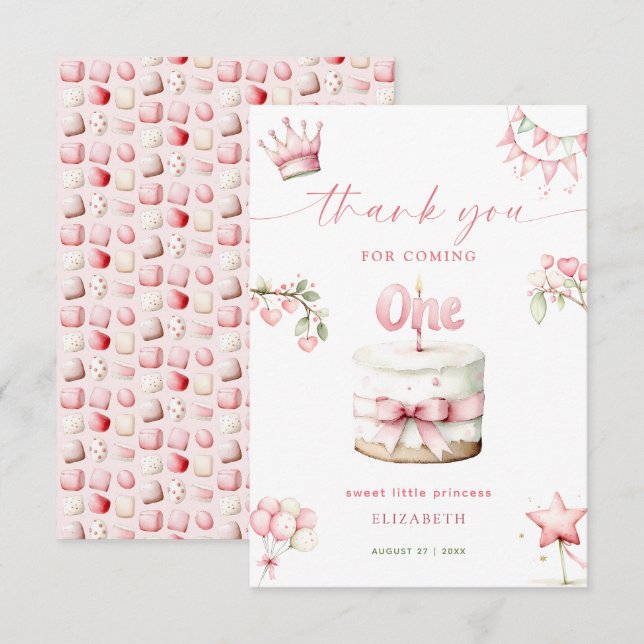 Sweet Little Princess Pink Cake 1st Birthday Tack Kort (Fram/baksida)