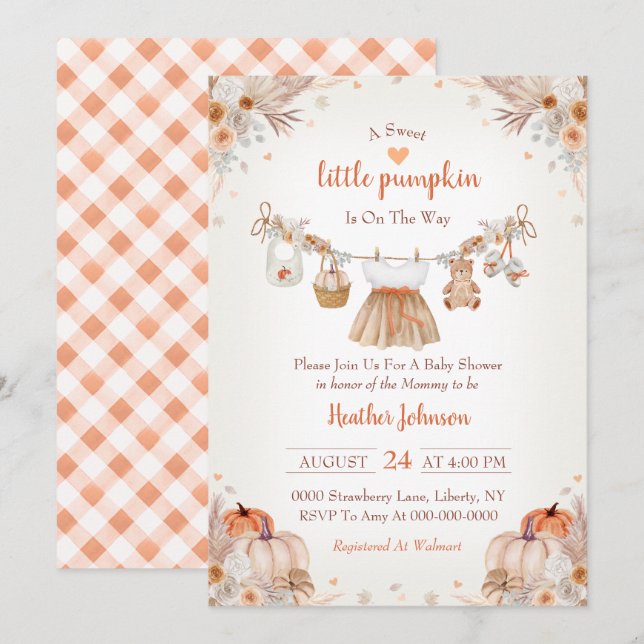 Sweet Little Pumpkin Autumn Baby Shower Invitation Inbjudningar (Fram/baksida)