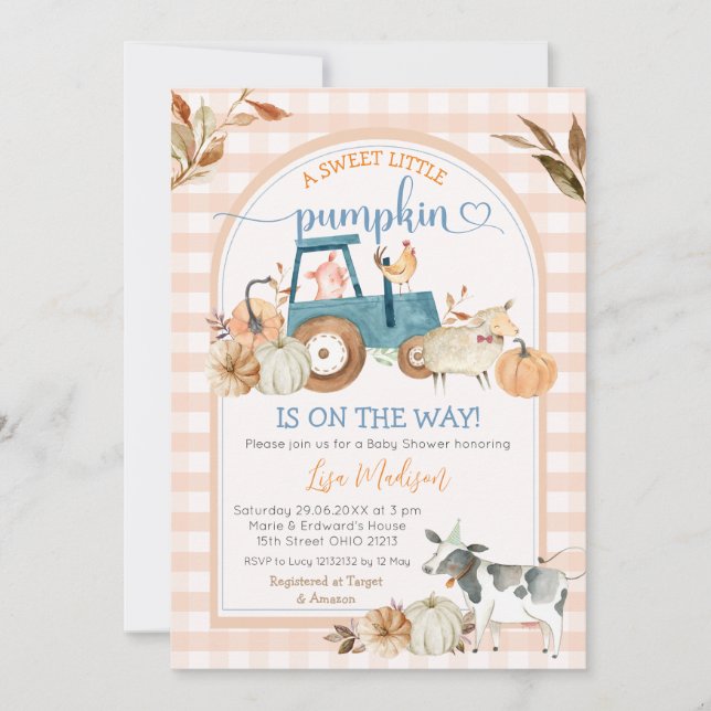 Sweet Little Pumpkin Fall Gingham Arch Baby Shower Inbjudningar (Framsida)
