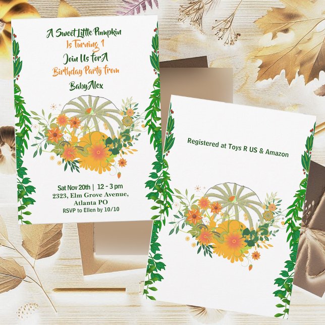 Sweet Little Pumpkin Greenery Höst färger Birthday Inbjudningar (Sweet Little Pumpkin Greenery Fall Colors Birthday Invitation)