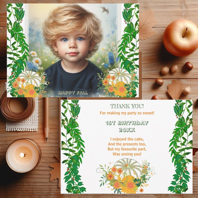 Sweet Little Pumpkin Greenery Höst färger Birthday Tack Kort (Sweet Little Pumpkin Greenery Fall Colors Birthday Thank You Card)