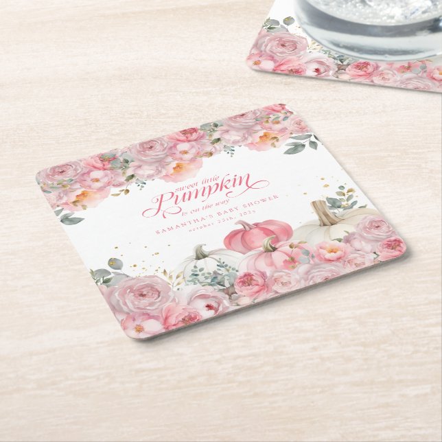 Sweet Little Pumpkin Pink Floral Fall Baby Shower  Underlägg Papper Kvadrat (Vinklad)