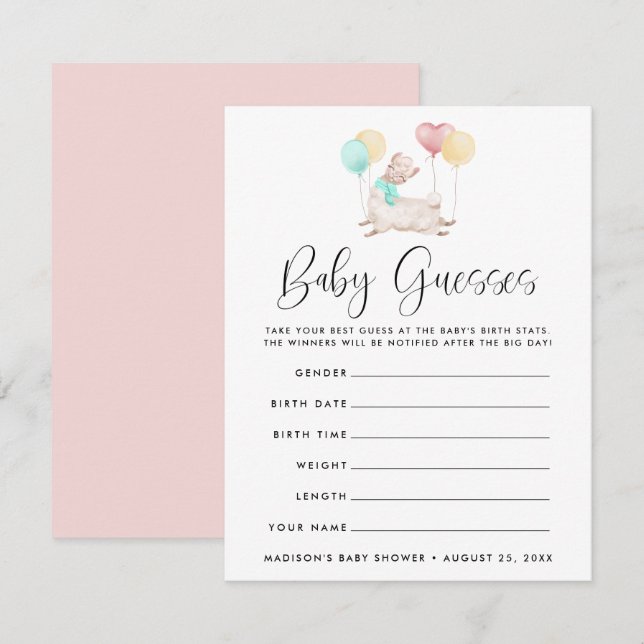 Sweet Llama Baby Shower Guessing Game (Fram/baksida)