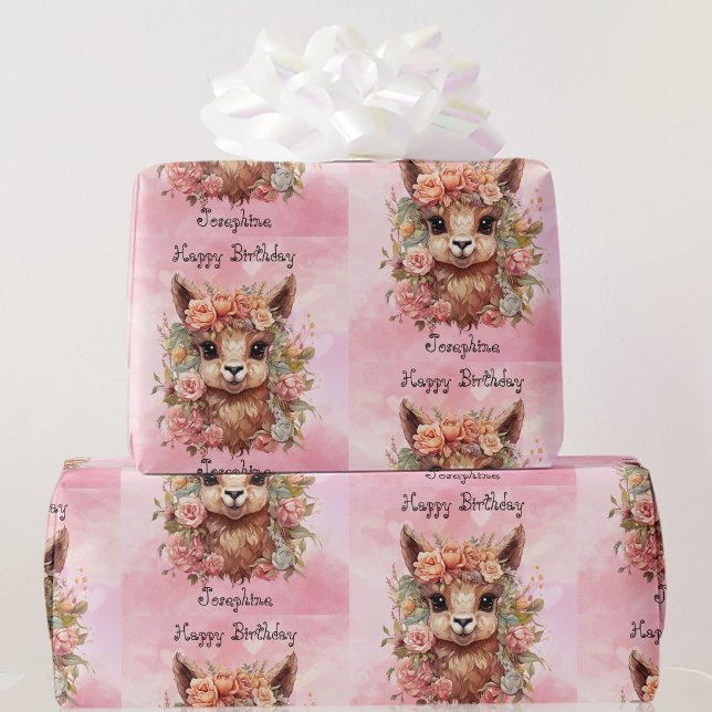 Sweet Llama Birthday Girl Add Namn Alpaca Rosa Presentpapper (Skapare uppladdad)