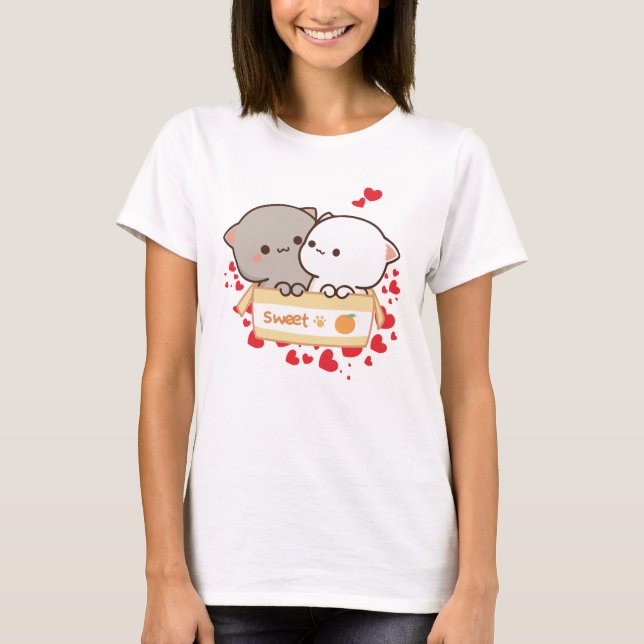 Sweet Love with Peach and Goma Cats T Shirt (Framsida)