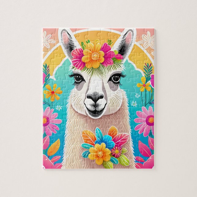 Sweet Lycklig Blommigt Llama Jigszle Puzzle Pussel (Vertikal)