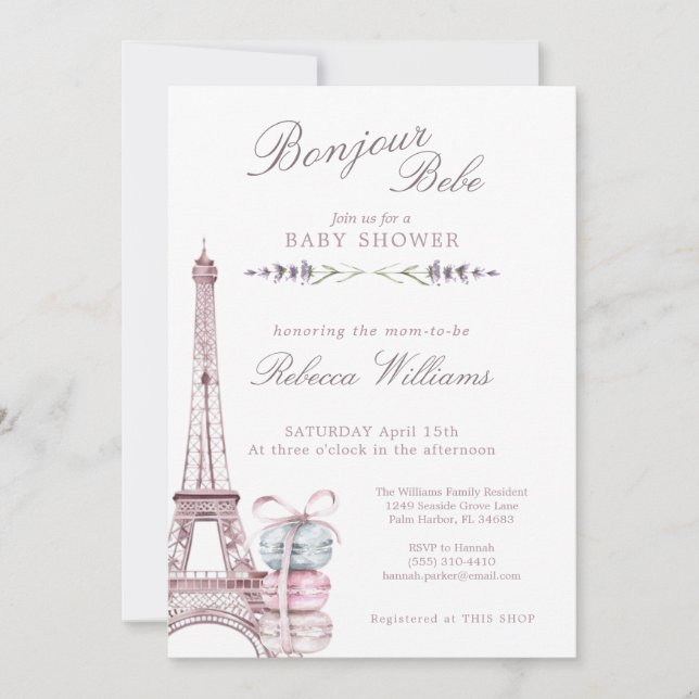 Sweet Macaron Bonjour Bebe Paris Babydusch Inbjudningar (Framsida)