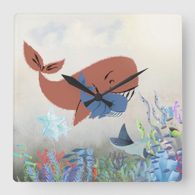 Sweet Mama & Baby Whale Nursery Wall Clock Fyrkantig Klocka (Framsida)