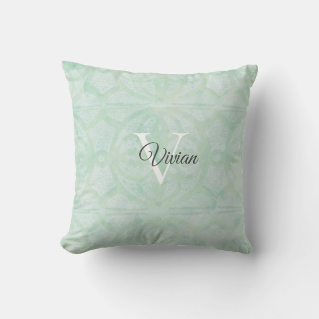Sweet Mint Grönt Watercolor Monogram Namn Kudde (Framsida)