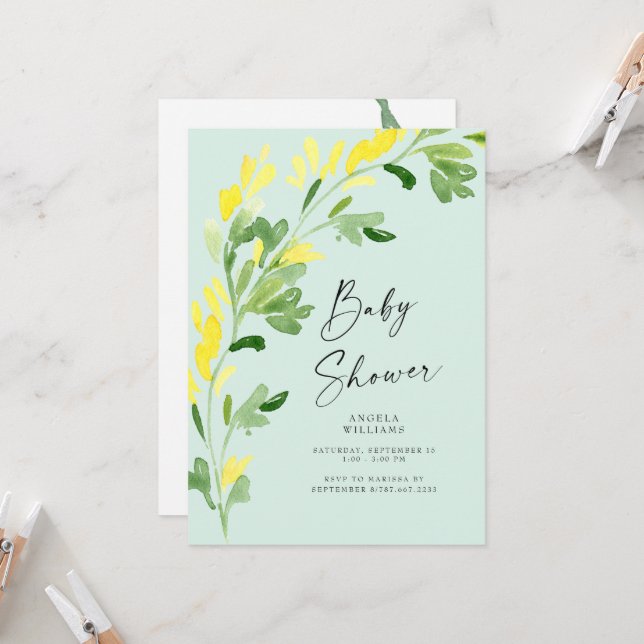 Sweet Mint Gult WildblommBaby Shower Inbjudningar (Fram/Back In Situ)