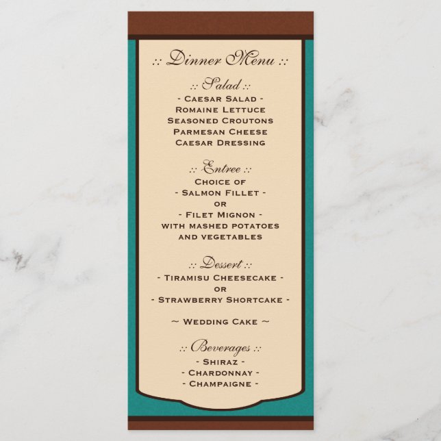 Sweet Mocha & Teal Wedding Reception Menus Meny (Framsida)