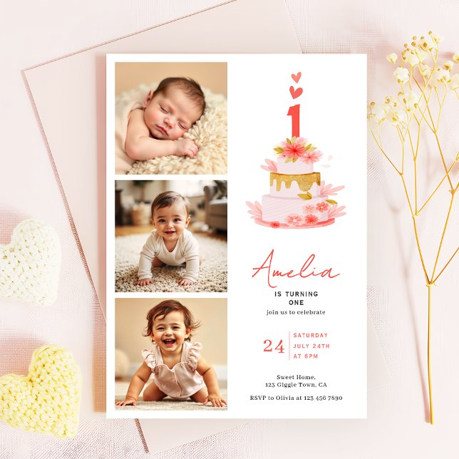 Sweet Modern 1st Birthday Invitation Photo Collage Inbjudningar (Skapare uppladdad)