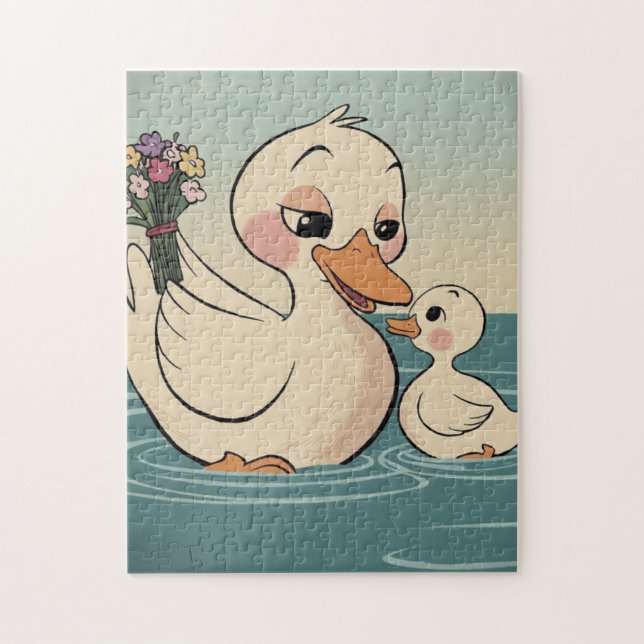 Sweet Mor Anka och Duckling med blommor Pussel (Vertikal)