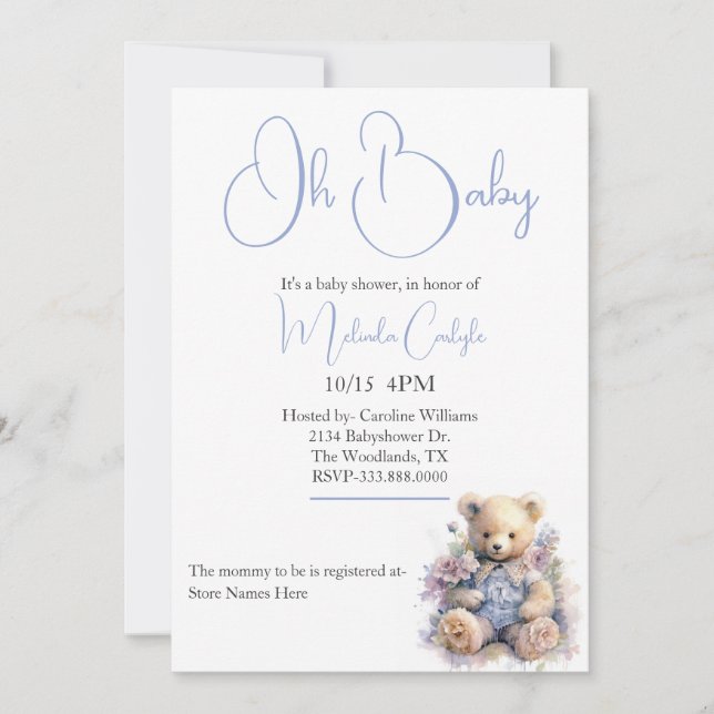 Sweet Nalle Boy Baby Shower Inbjudningar (Framsida)
