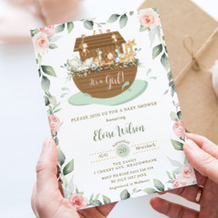 Sweet Noahs Ark Rosa Blommigt Girl Baby Shower Inbjudningar