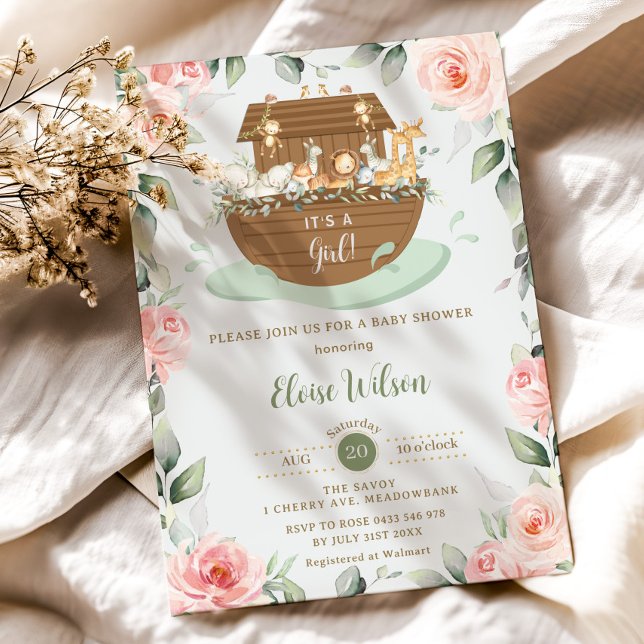 Sweet Noahs Ark Rosa Blommigt Girl Baby Shower Inbjudningar (zazzle-blush-pink-floral-flowers-greenery-noah's-ark-girl-baby-shower-invitation-card-printed)