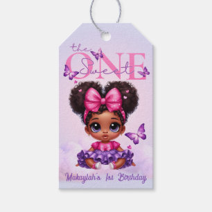 Sweet ONE Afro Puff Flicka Lila 1:a födelsedag Presentetikett