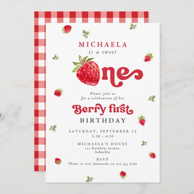 Sweet One Berry First Birthday Strawberry Gingham Inbjudningar (Fram/baksida)