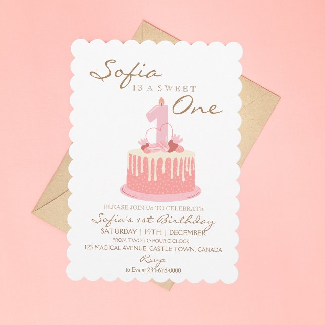 Sweet One Cake Candle Rosa Girl Girl Födelsedagsfe Inbjudningar (Skapare uppladdad)