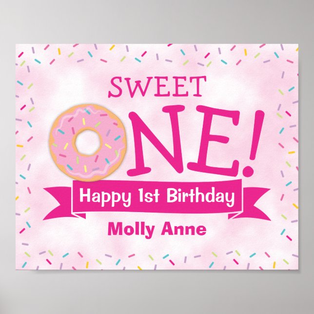 Sweet ONE Donut 1st Birthday Girl Party Välkommen Poster (Framsidan)