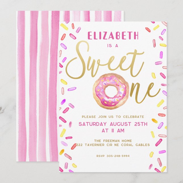 Sweet One Donut Girl 1st Birthday Party Rosa Inbjudningar (Fram/baksida)