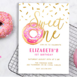 Sweet One Donut Girl 1st Birthday Rosa Guld Party Inbjudningar