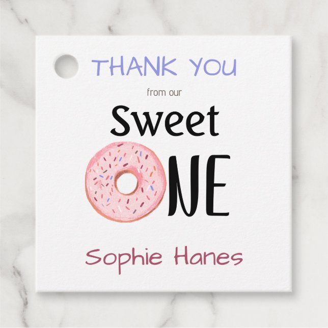 Sweet One Donut Girl's 1st Birthday Tack Gåvor Etiketter (Framsida)