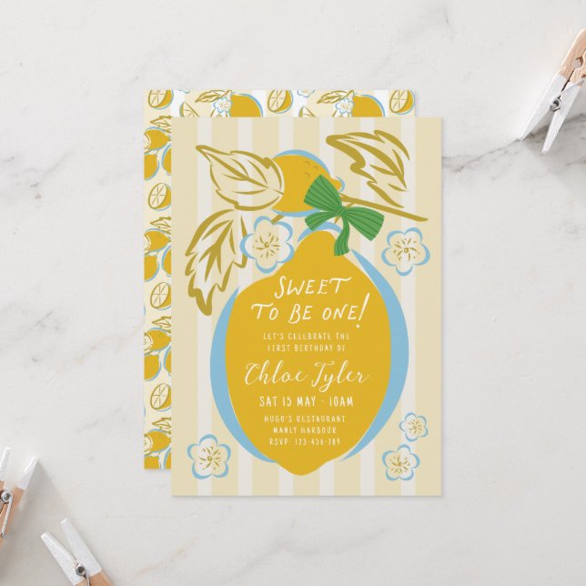 Sweet One First Birthday Invite Boy Lemon 1st Inbjudningar (Fram/Back In Situ)