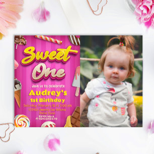 Sweet One - Girl 1st Birthday med Photo Inbjudningar