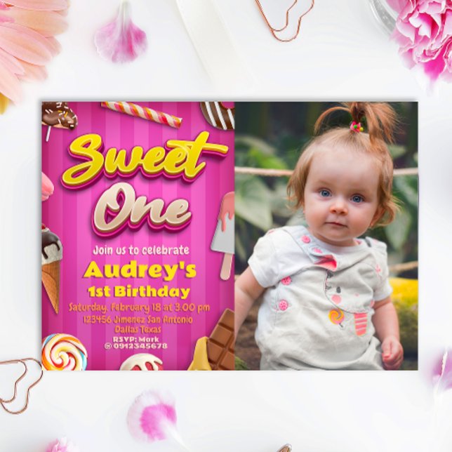 Sweet One - Girl 1st Birthday med Photo Inbjudningar (Sweet One - Girl 1st Birthday with Photo Invitation
)