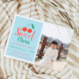 Sweet One Girl Birthday Cherry Summer Photo Inbjudningar